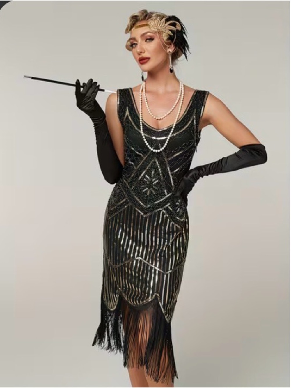 1920’s Art Deco Beaded Fringe Cocktail Dress in Black and Gold